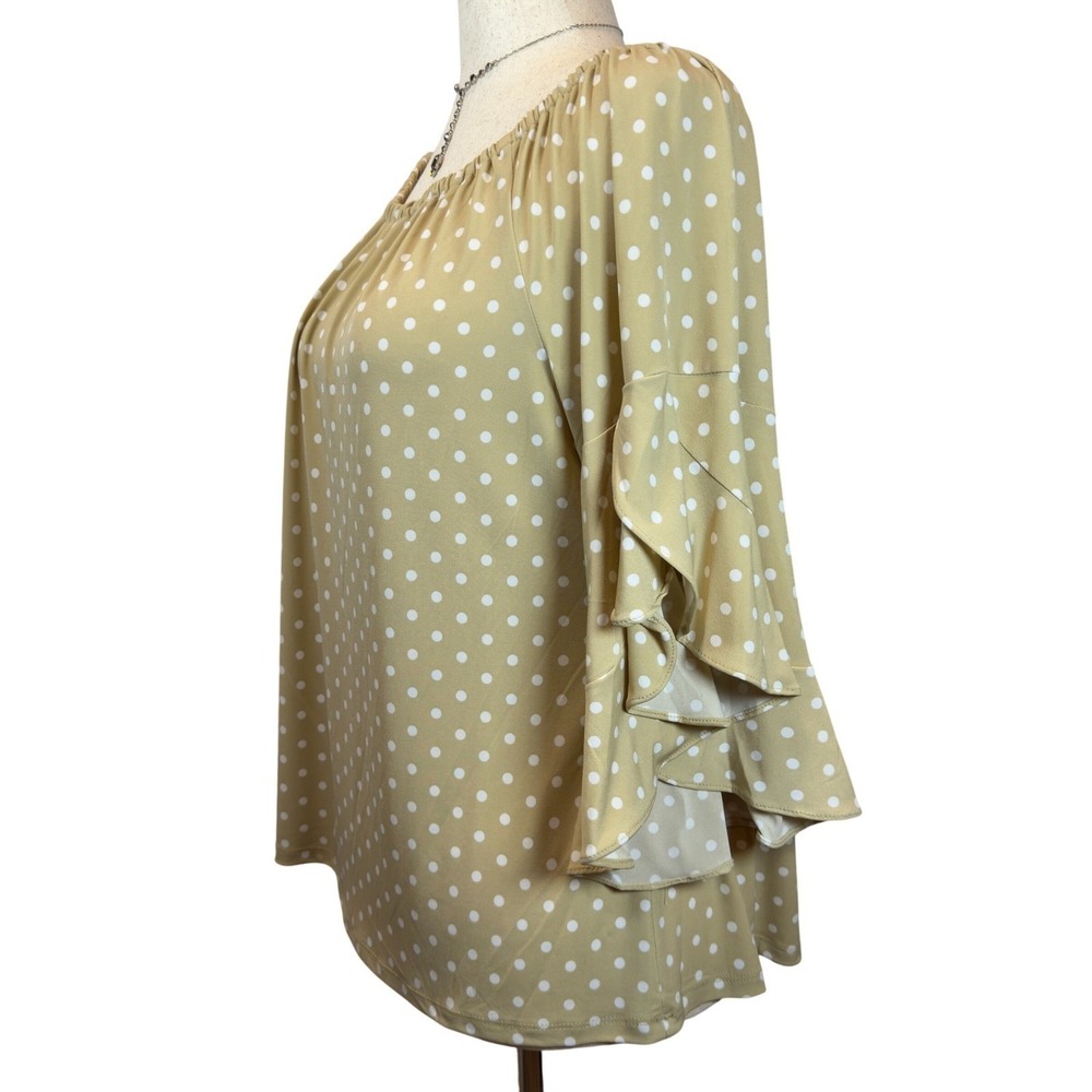 Vince Camuto L Polka Dot Ruffle Tiered Sleeve Top Tan White Flowy Cottagecore - Picture 2 of 8